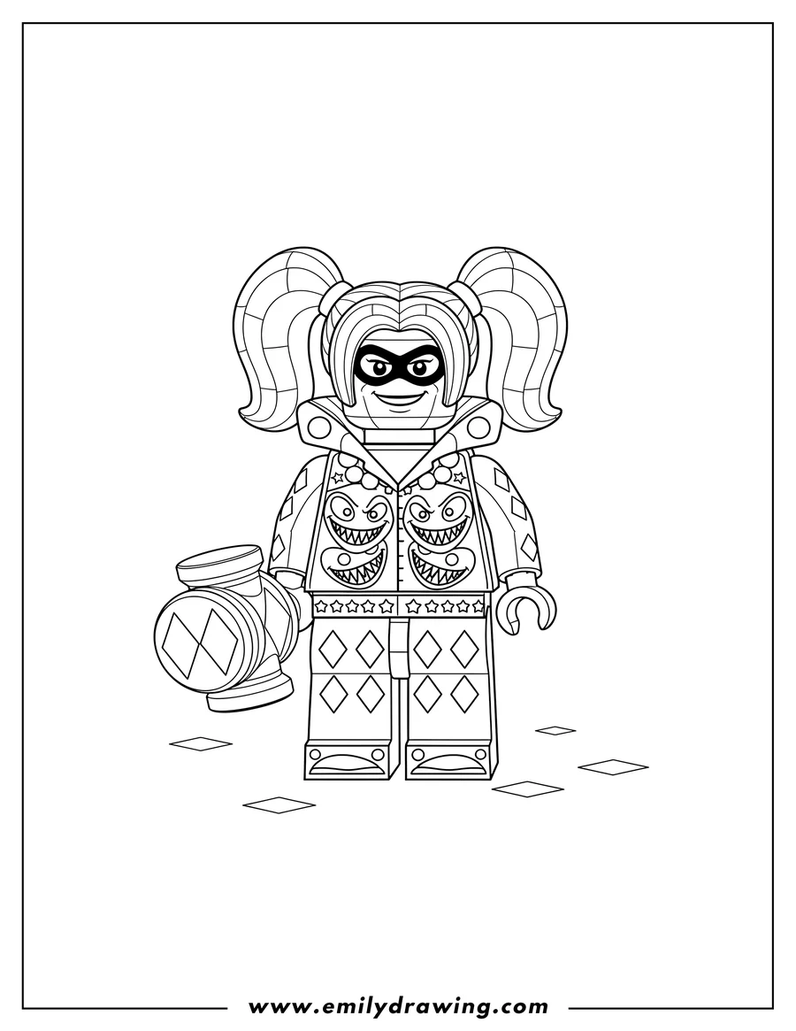Printable line art of lego Harley Quinn with pigtails, a Smylex jacket, and diamond patterns to color