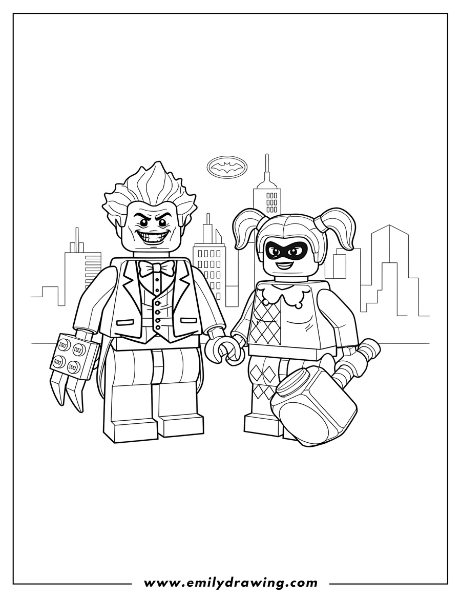 Coloring sheet featuring lego Joker and Harley Quinn holding hands