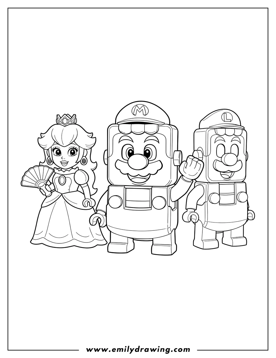 Doodle style coloring picture of lego Mario, Princess Peach, and Luigi smiling