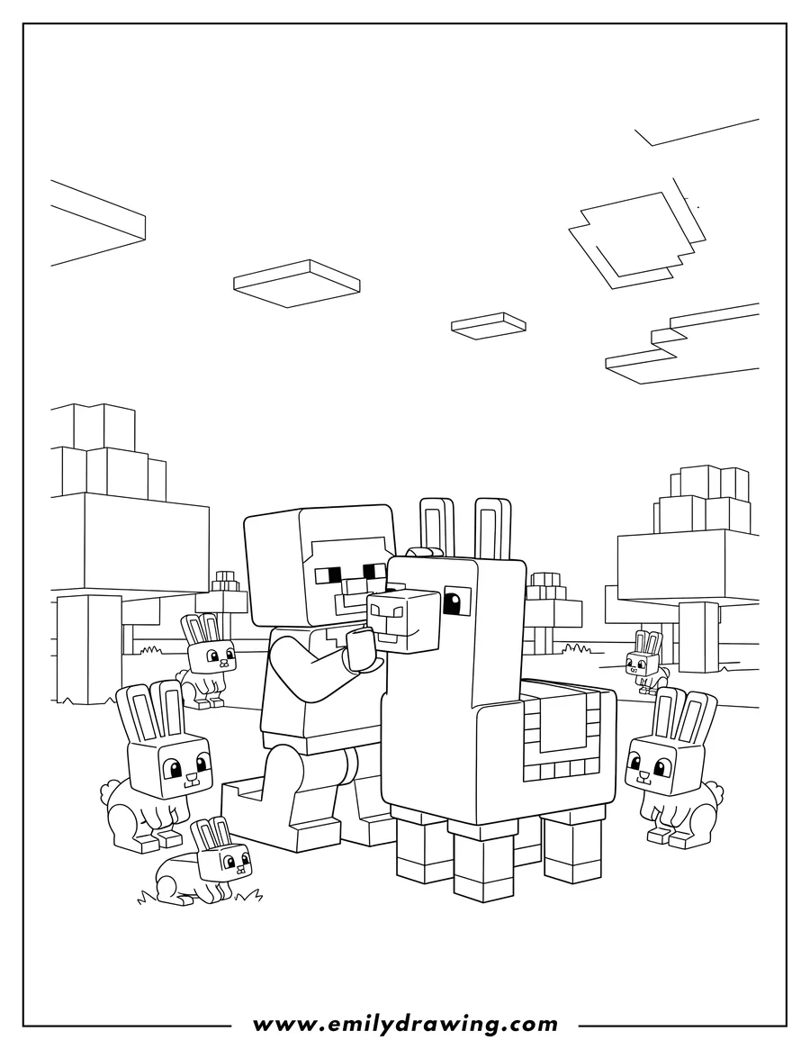 Coloring page of lego Minecraft Steve petting a llama with rabbits nearby