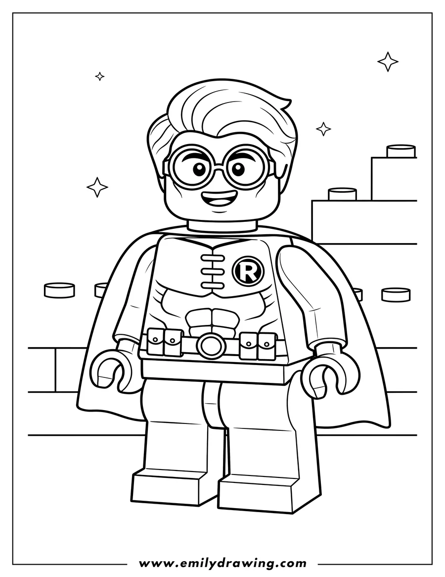 Full page coloring image of lego Robin wearing glasses and smiling