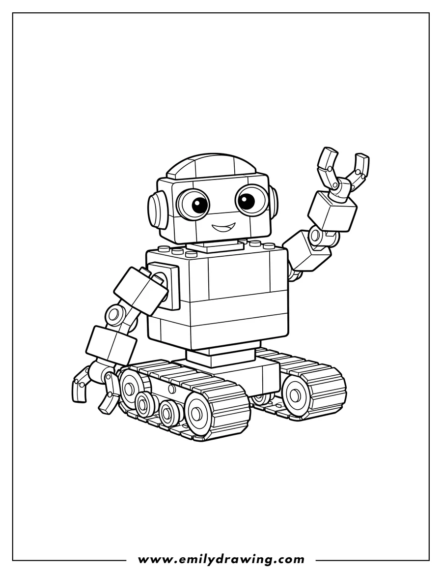 Outline drawing of lego robot with tank tracks and one arm raised