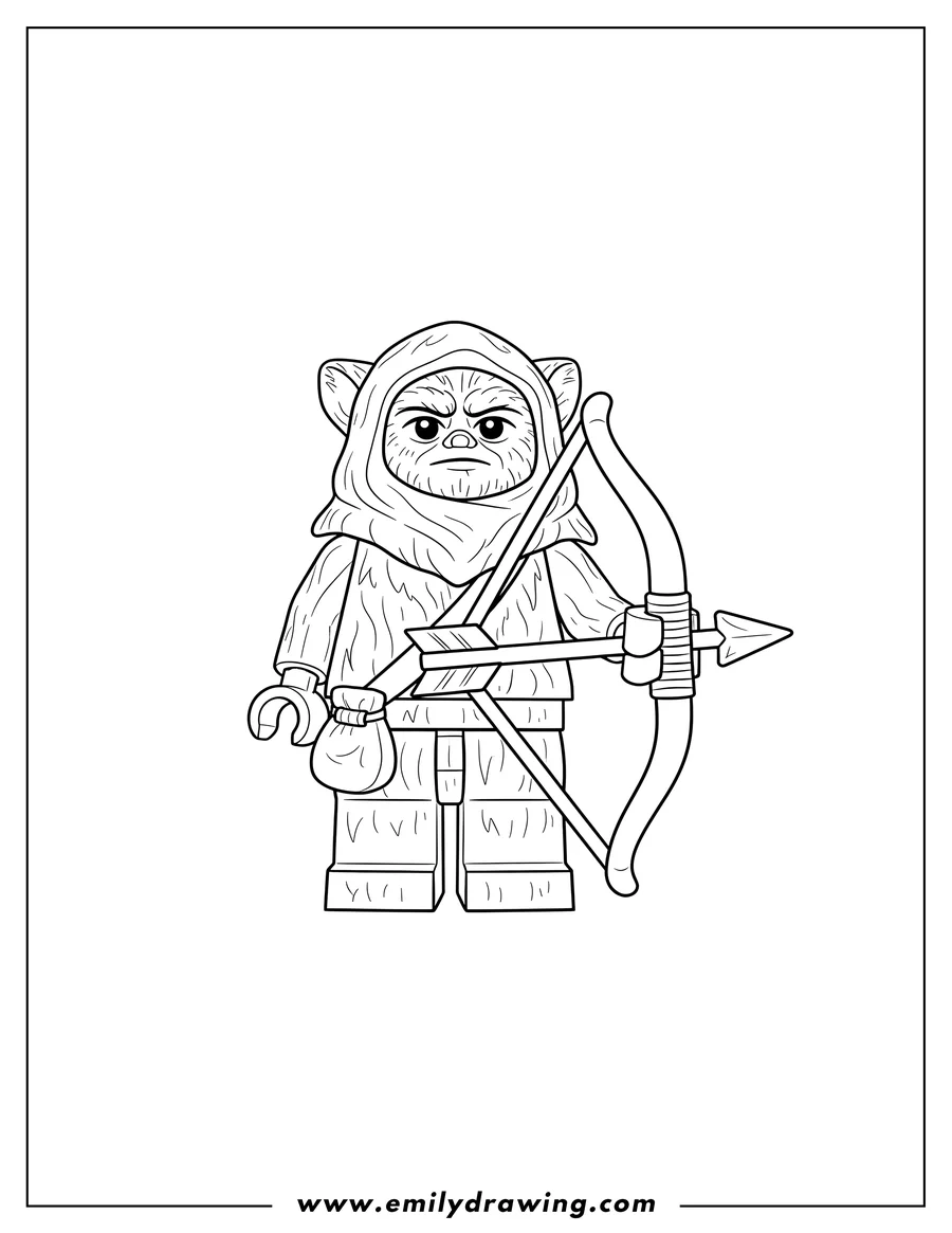 Coloring page of lego Star Wars Ewok standing, holding a bow with a serious expression