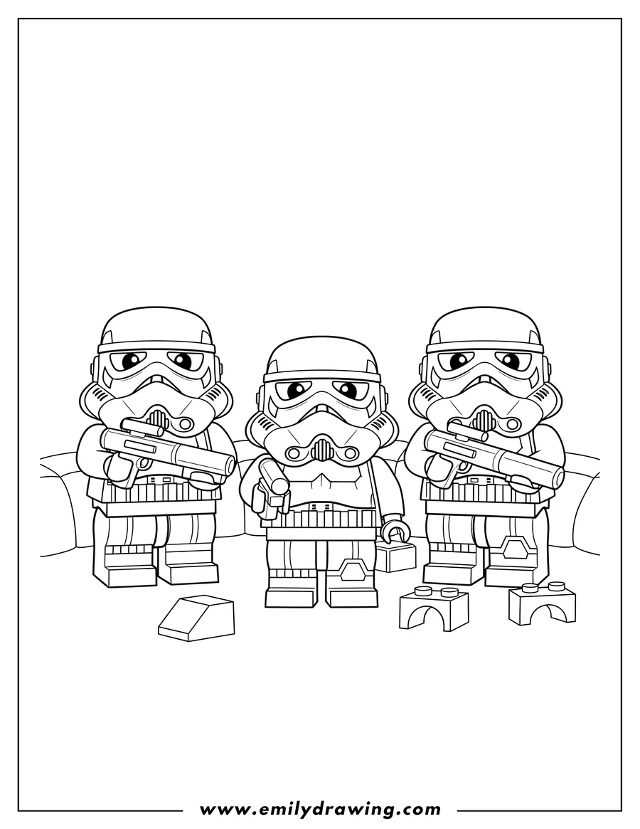 Coloring page of lego Stormtrooper Preschoolers holding a blaster