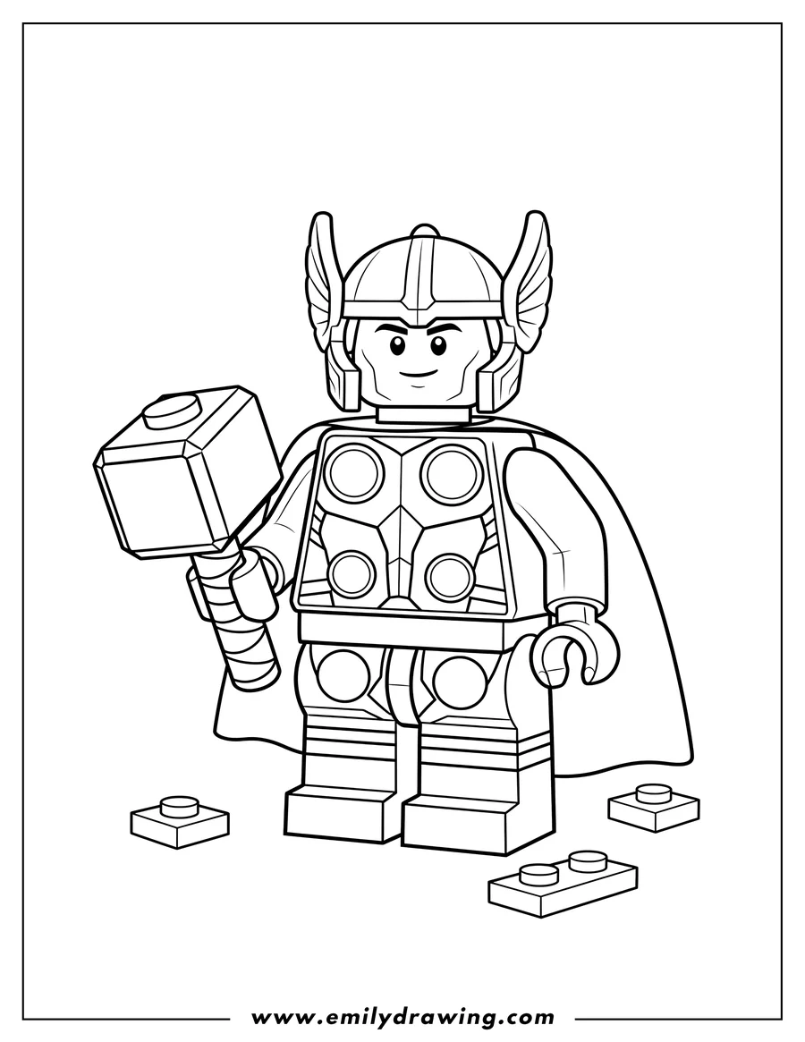 Coloring page for kids: lego Thor holding his hammer