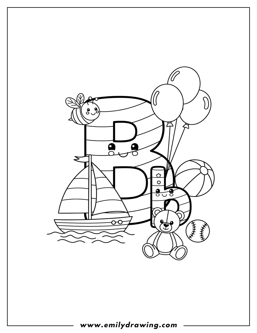 High quality printable cute uppercase and lowercase B with a sailboat, a bee, balloons, a beach ball, a basketball, a baseball, and a sitting teddy bear for coloring