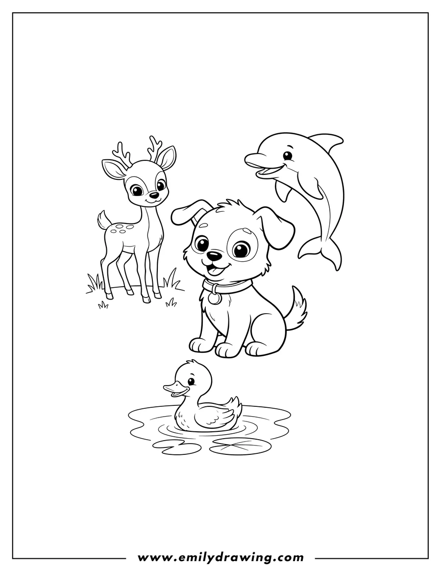 Full page coloring image of letter D animals: cute cartoon Dog, Deer, Dolphin, and Duck, outlined for coloring, in a flashcard style