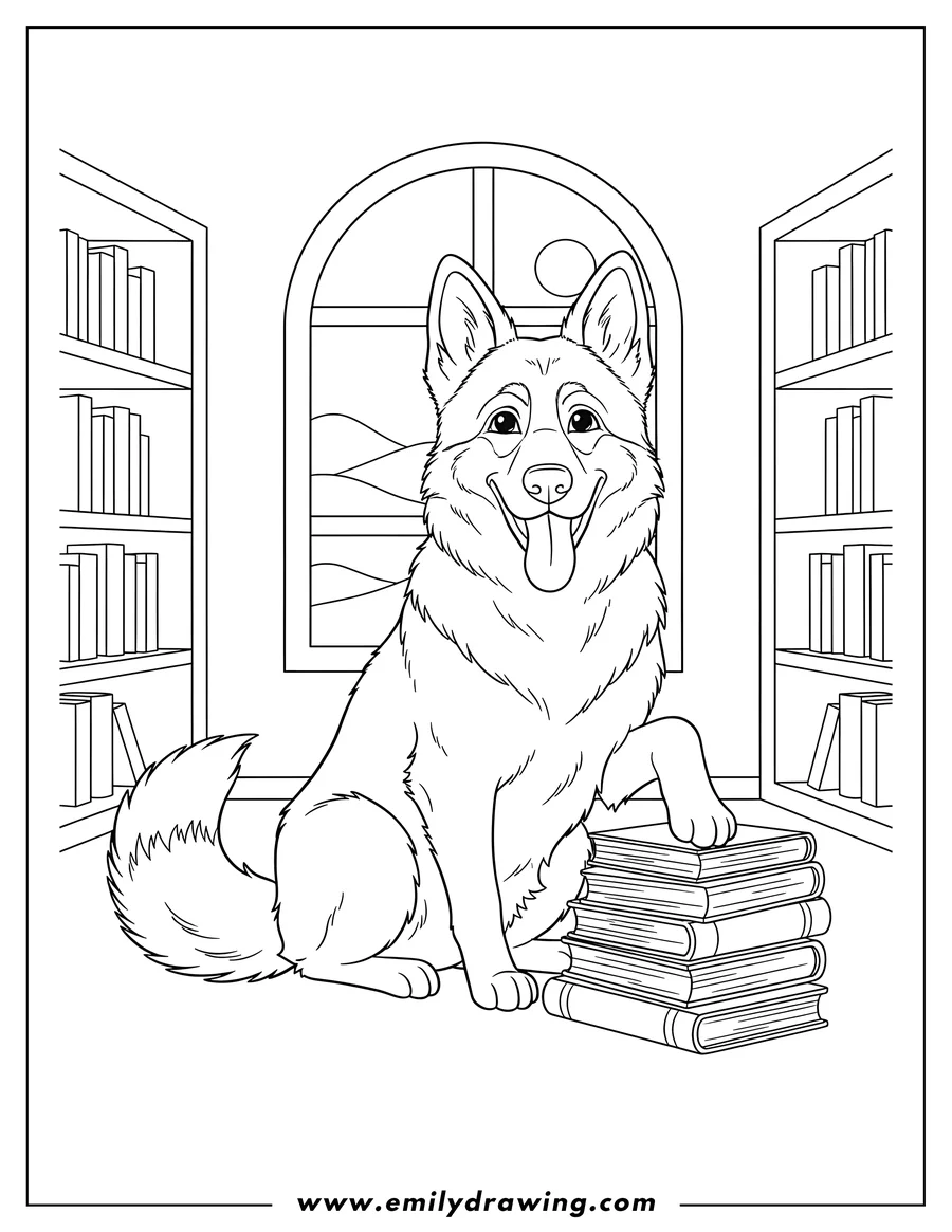 Printable line art of furry German Shepherd sitting with its tongue out and paw on a stack of books in a library