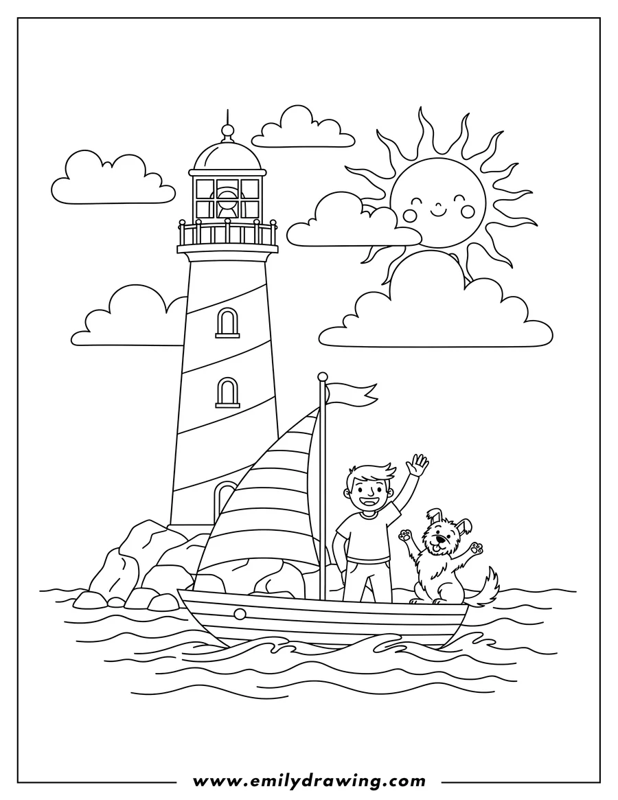 Free to print drawing of A Lighthouse, Sun, and Boat with a Waving Man and his Pet under a Cloudy Sky
