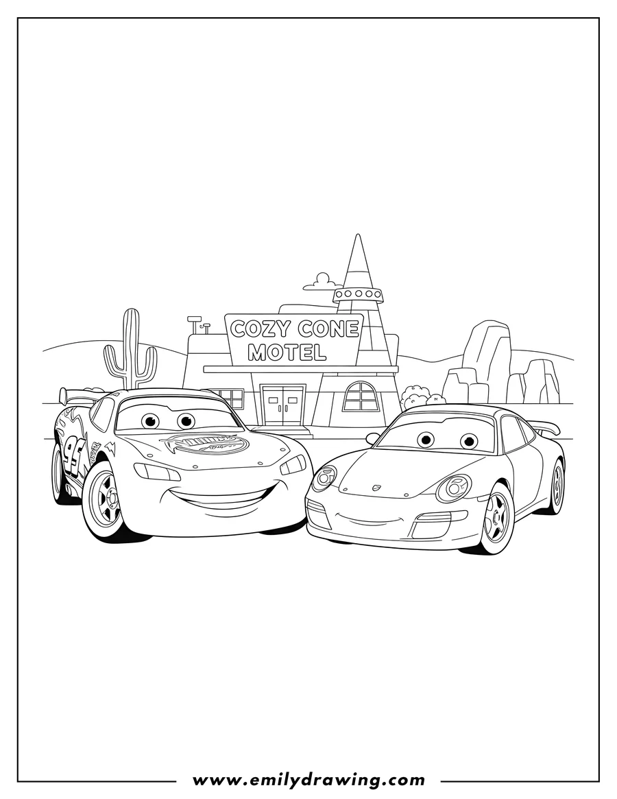 High quality printable lightning McQueen and Sally smiling and facing each other in Radiator Springs for coloring
