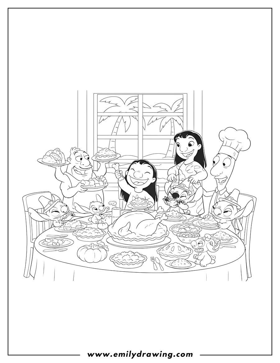 Printable line art of lilo and Stitch's family eating Thanksgiving dinner
