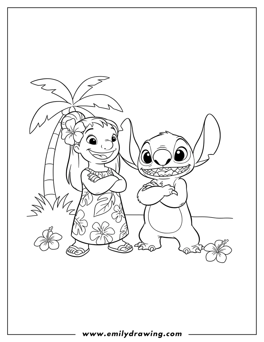 Outline drawing of lilo and Stitch smiling with crossed arms
