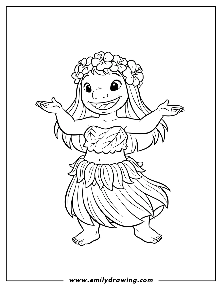 Linear illustration of lilo Doing Hula Grass Skirt Scaled, wearing a flower crown, with hands raised, and smiling broadly