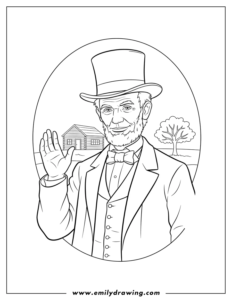 Linear illustration of president Abraham Lincoln wearing a suit and bow tie