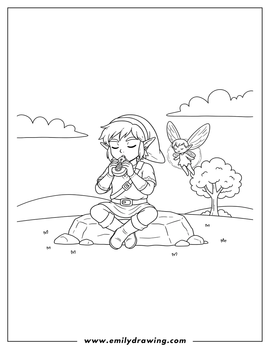 Printable line art of link playing ocarina while sitting with his fairy