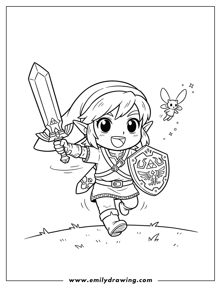 Coloring page of kawaii Link running and smiling with his sword and shield, and a fairy flying beside him