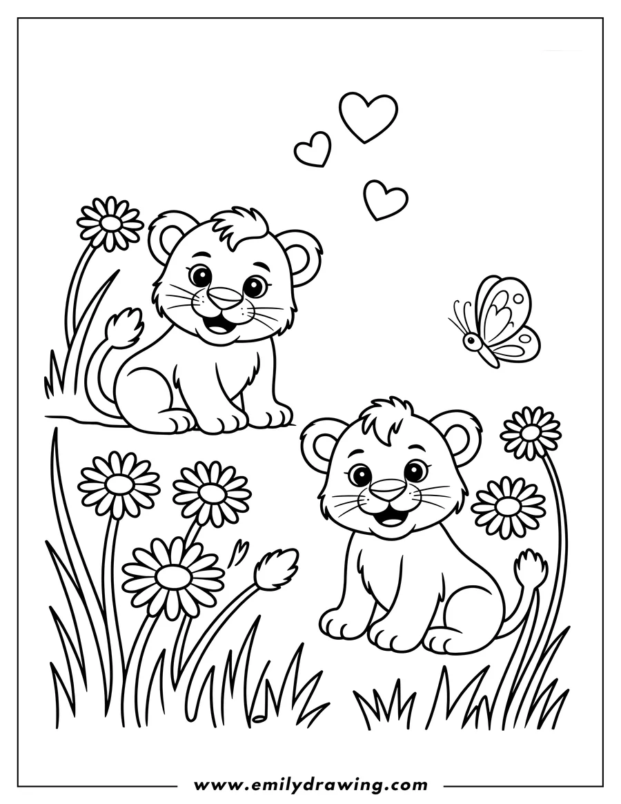 Coloring sheet featuring lion cub