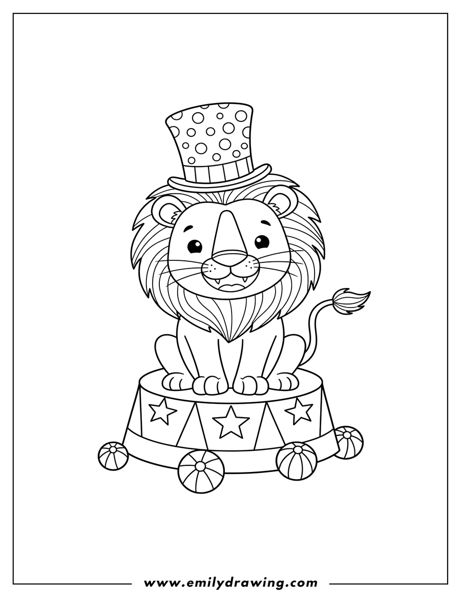 Printable coloring page of cute Lion Sitting On Circus Platform, wearing a top hat and smiling