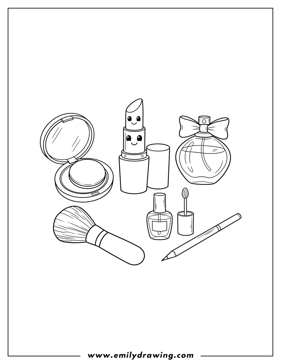 Downloadable coloring page of lipstick, Face Powder, Perfume, Makeup Brush, Nail Polish, and Eyeliner Pencil