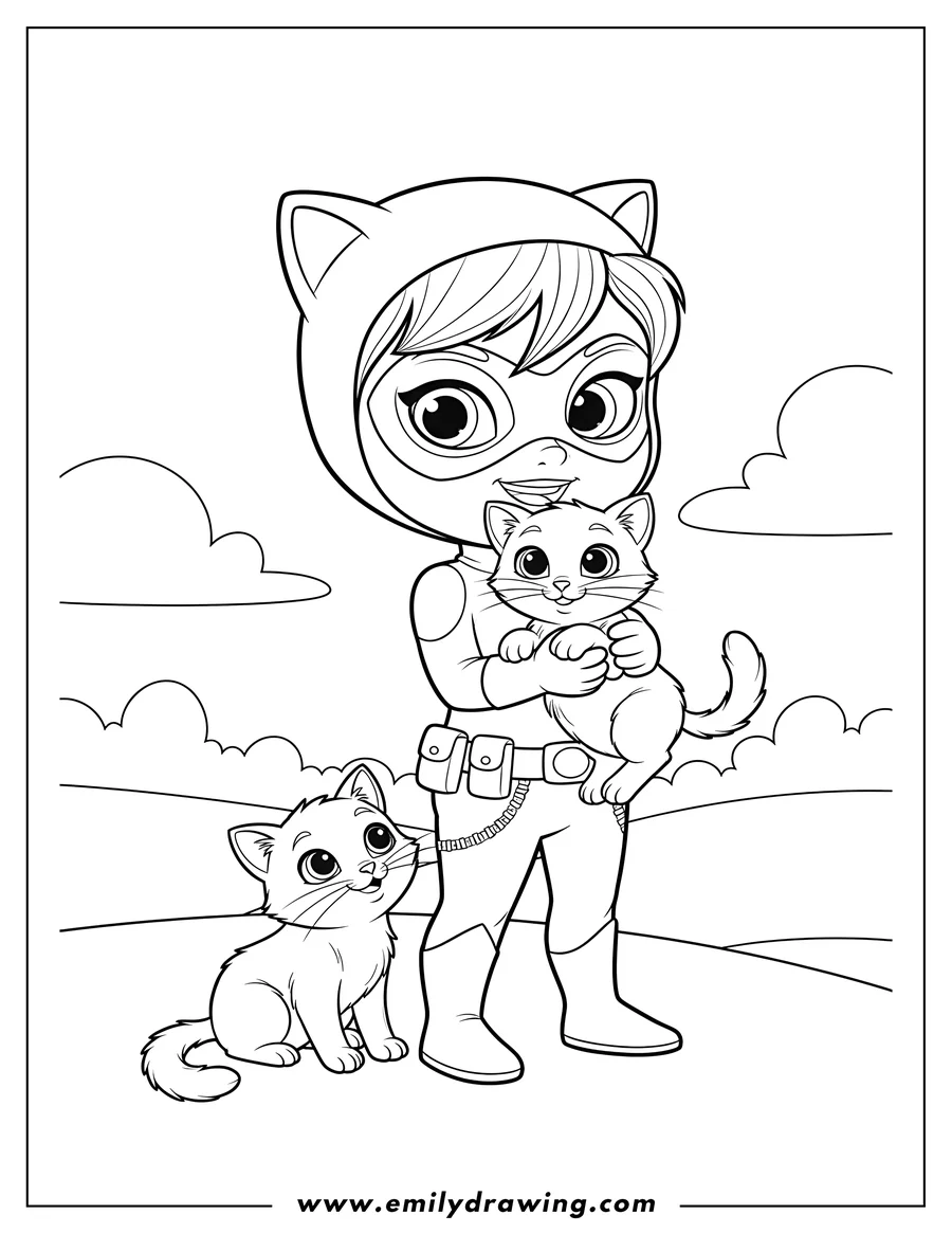 Black and white line art of little Catwoman holding a kitten and smiling, with another kitten at her feet