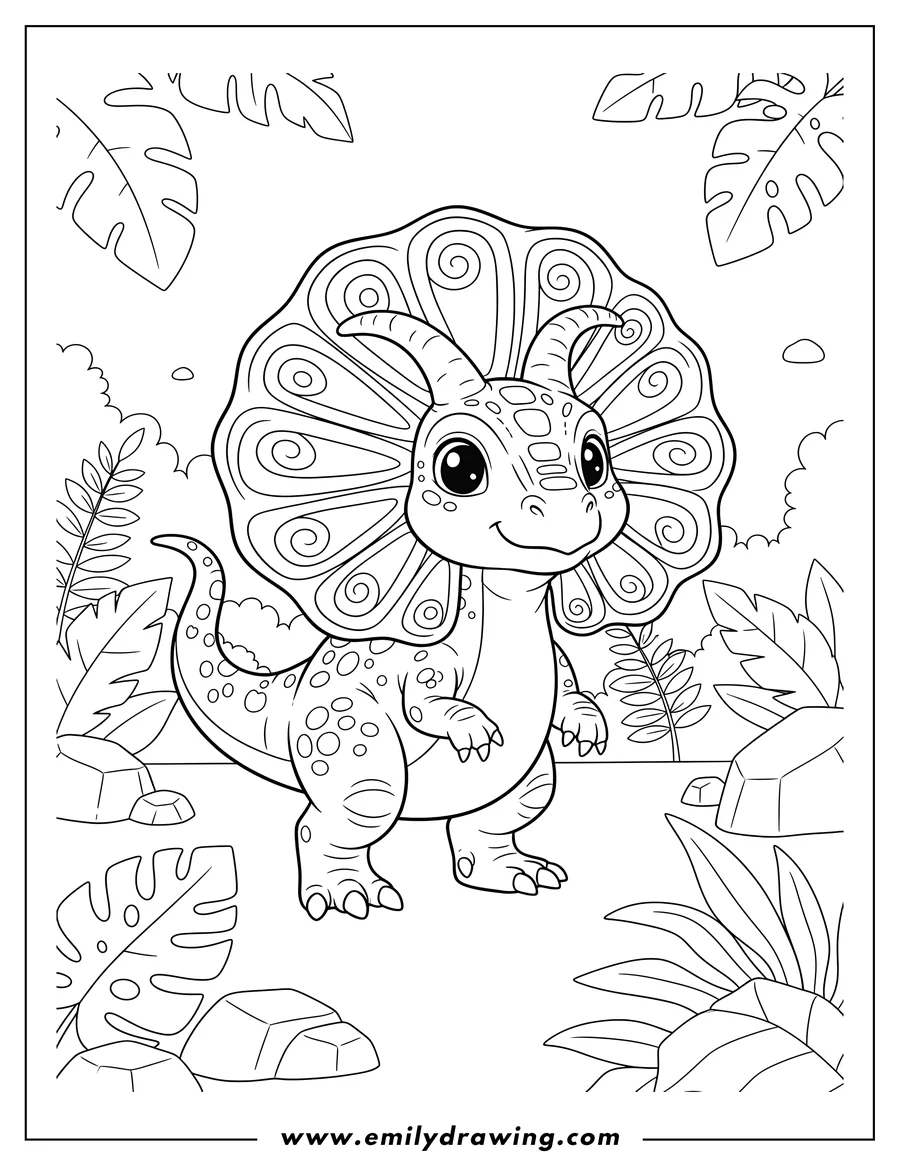 Outline drawing of cute Little Dilophosaurus with an open patterned frill