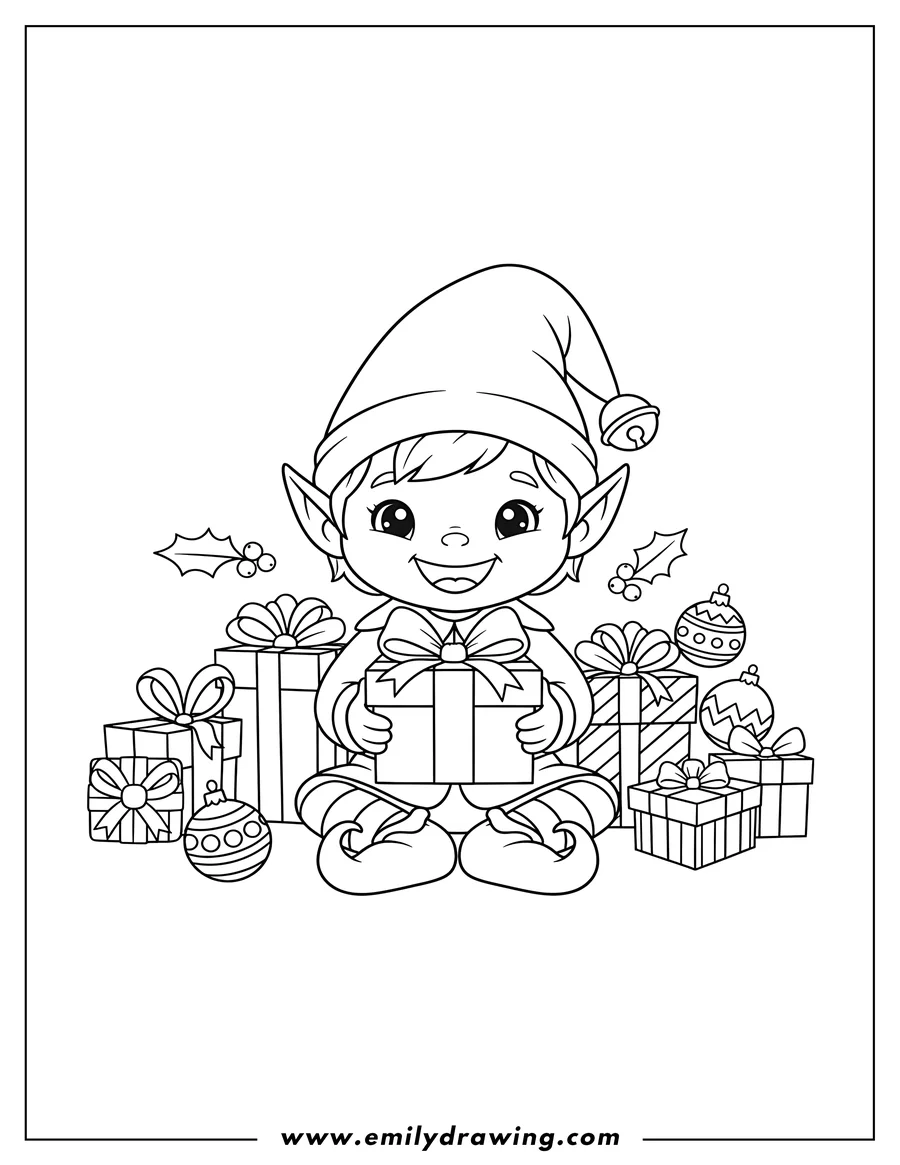 Clean line drawing: little elf in a pointy hat, sitting cross-legged and smiling, holding a holiday gift, with more gifts around