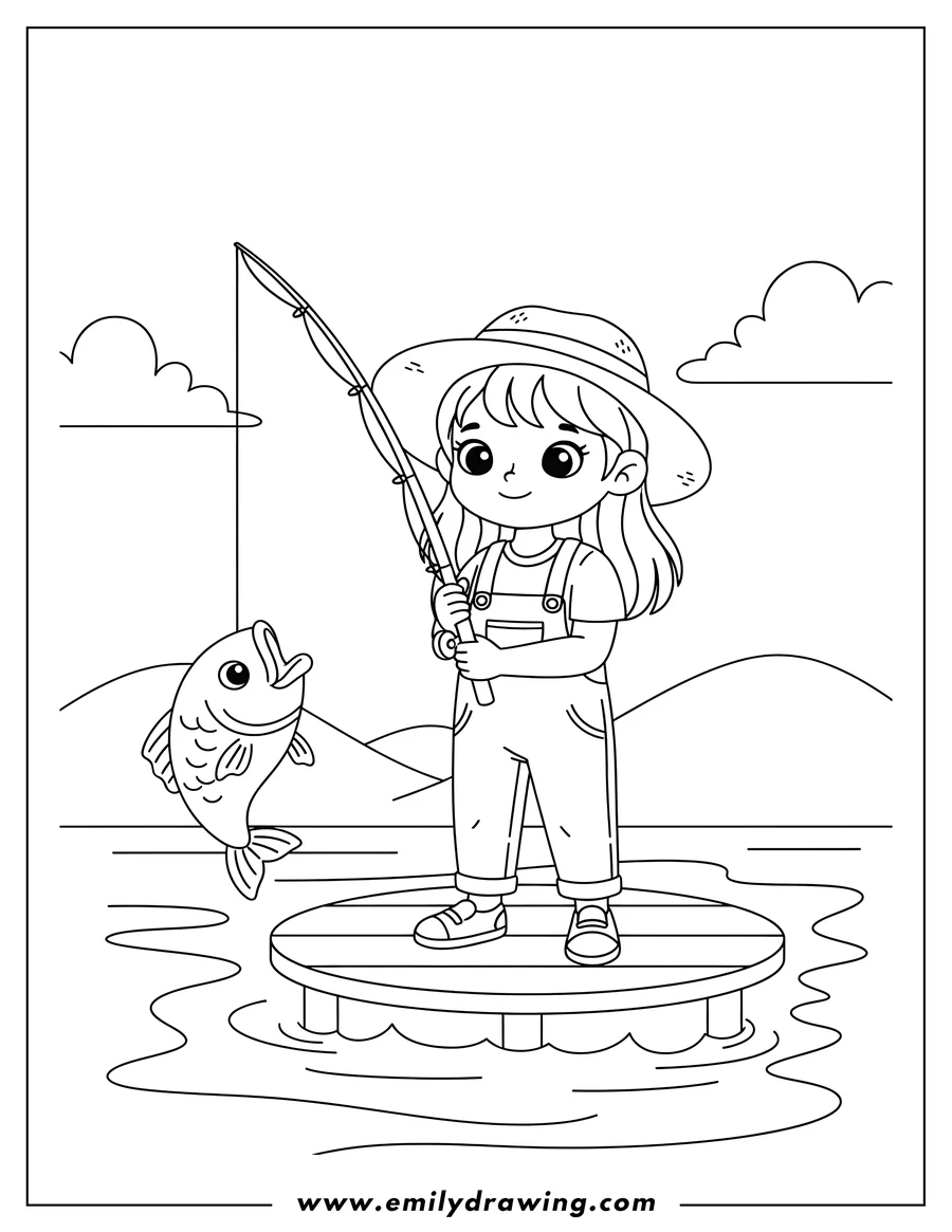 Clean line drawing: little girl in a hat fishing, with a fish on her line
