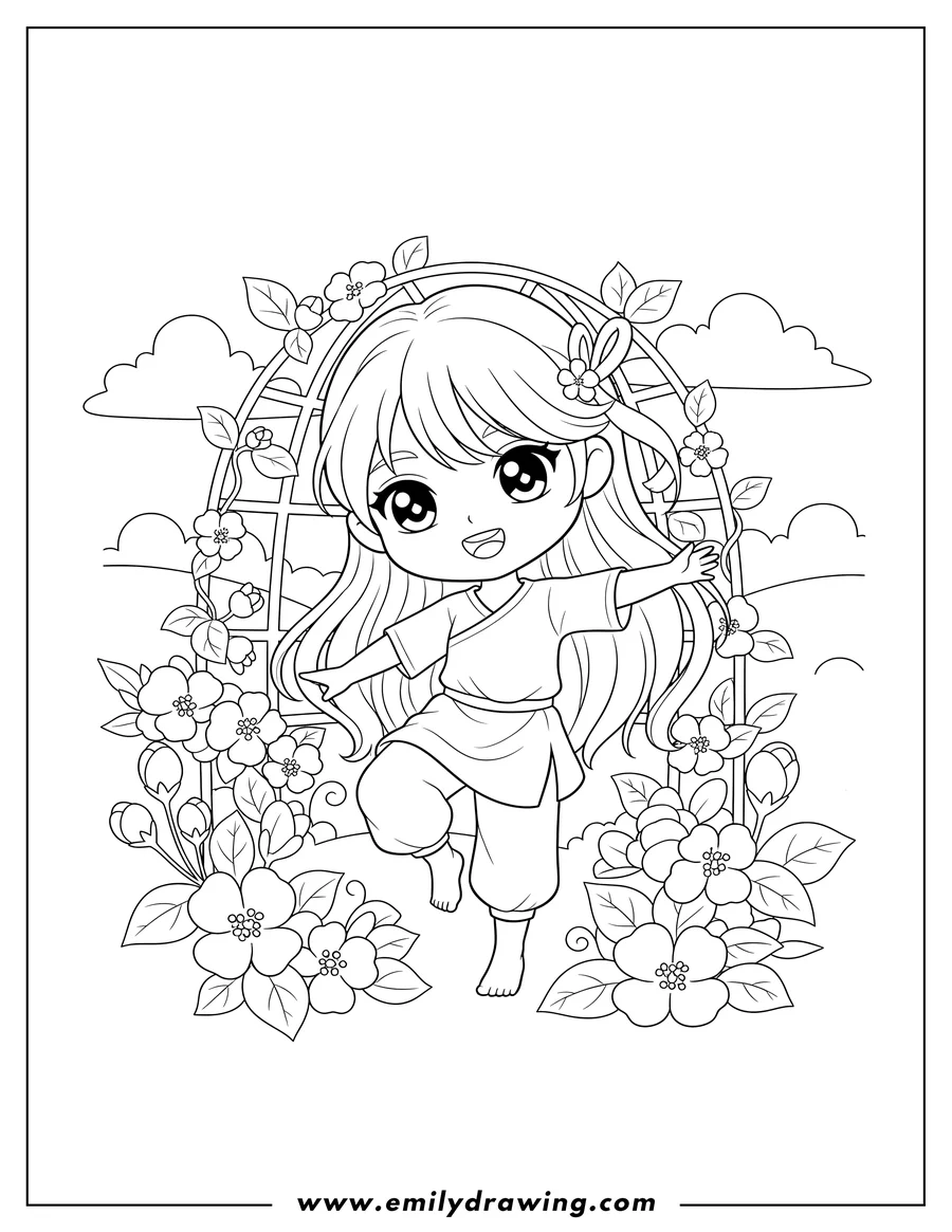 Free printable coloring sheet of cute Little Jasmine Garden, chibi style, barefoot and posing cheerfully
