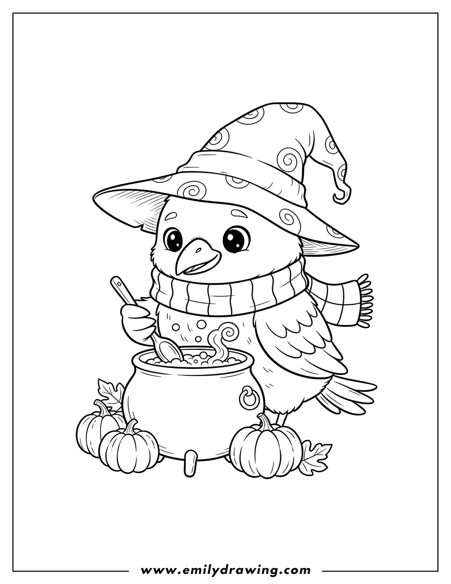 Printable coloring page of cute little raven wearing a witch's hat and striped scarf, stirring a magical cauldron with a spoon and pumpkins