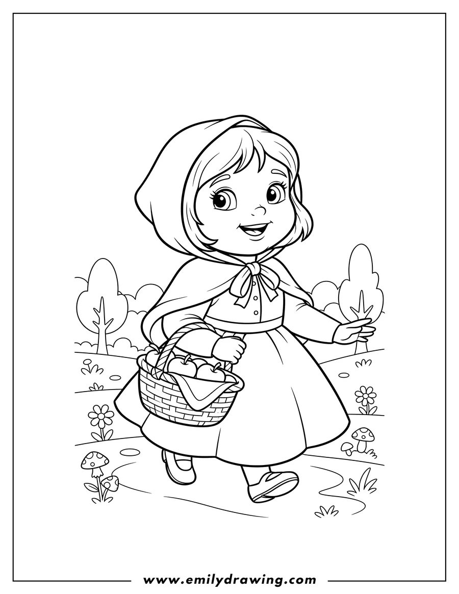 Free printable coloring sheet of cute Little Red Riding Hood smiling and walking with a basket