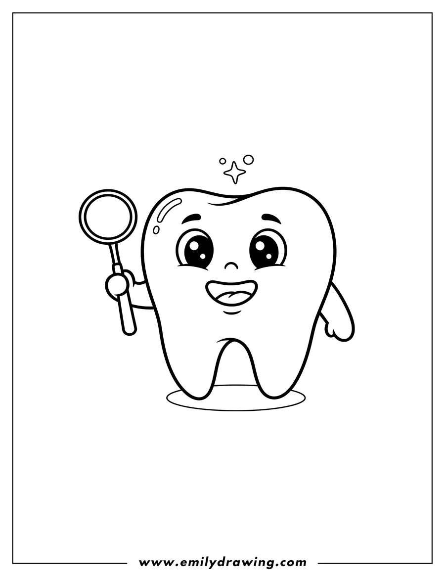 PDF style coloring page: cute Little Smiling Tooth Holding a Mouth Mirror