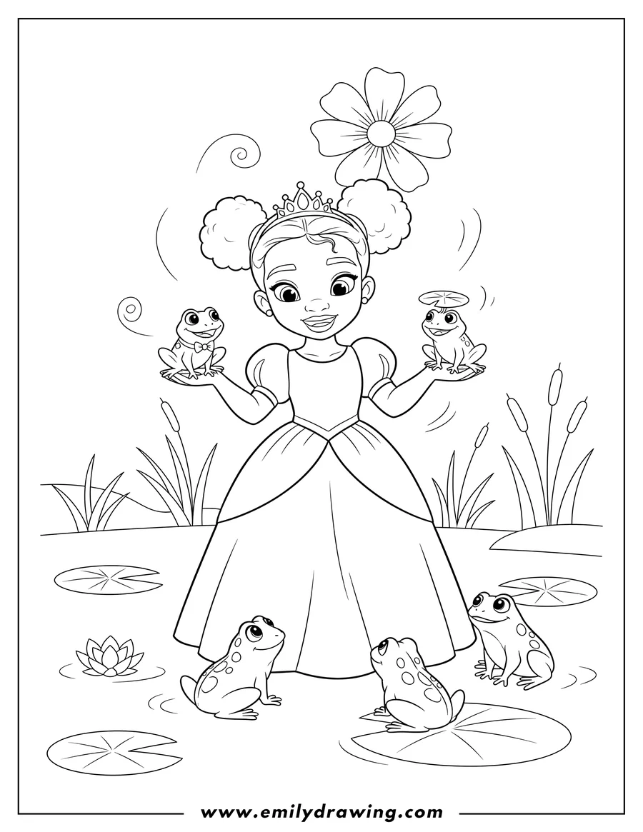 Printable line art of little Tiana Preschoolers as a princess with frog friends