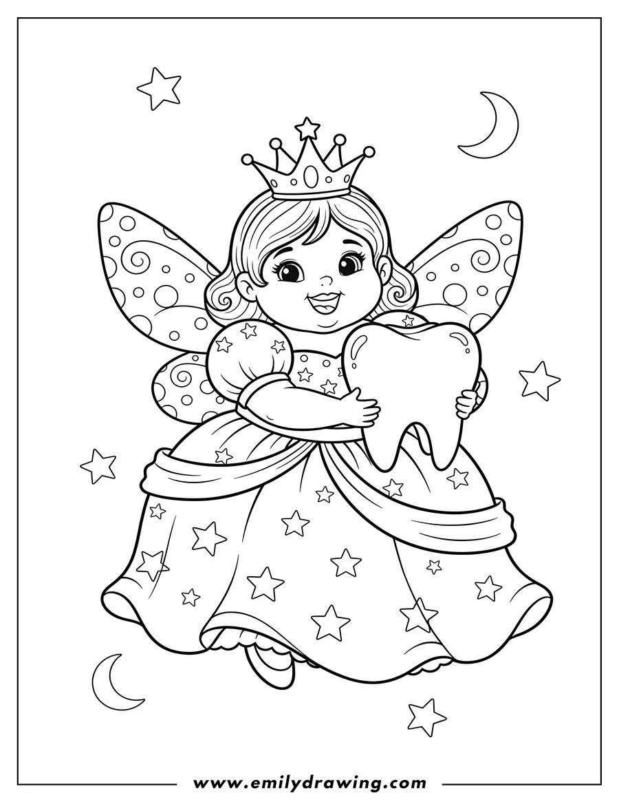 Printable coloring page of cute Little Tooth Fairy wearing a crown and wings, smiling while holding a tooth