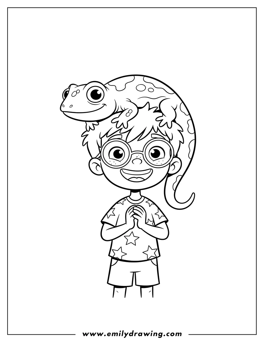 Linear illustration of liz the lizard lounging on Janet Perlstein's head, a boy wearing glasses with his hands clasped