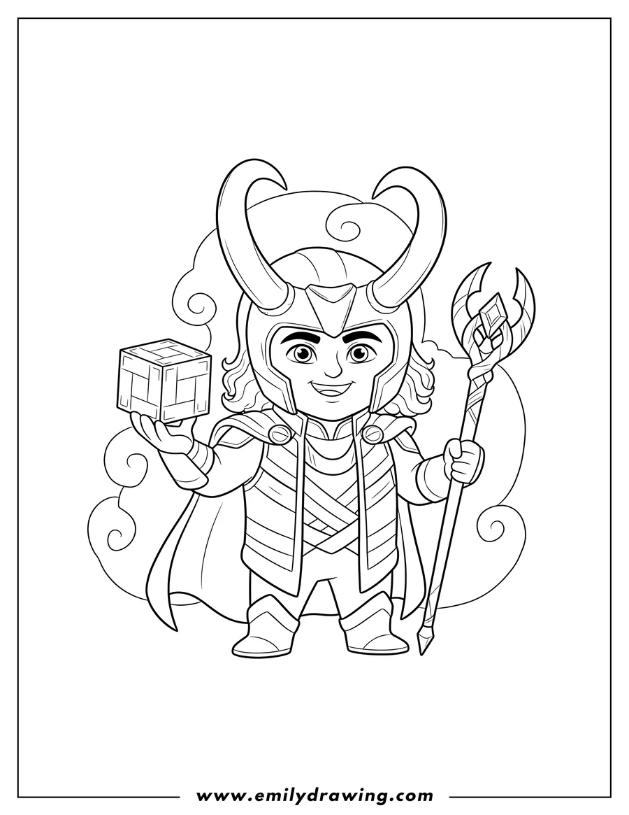Vector style outline of loki wearing horned helmet, holding Tesseract and scepter