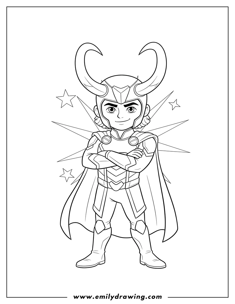 Clean line drawing: loki Superheroes wearing a horned helmet, with arms crossed and a slight smile