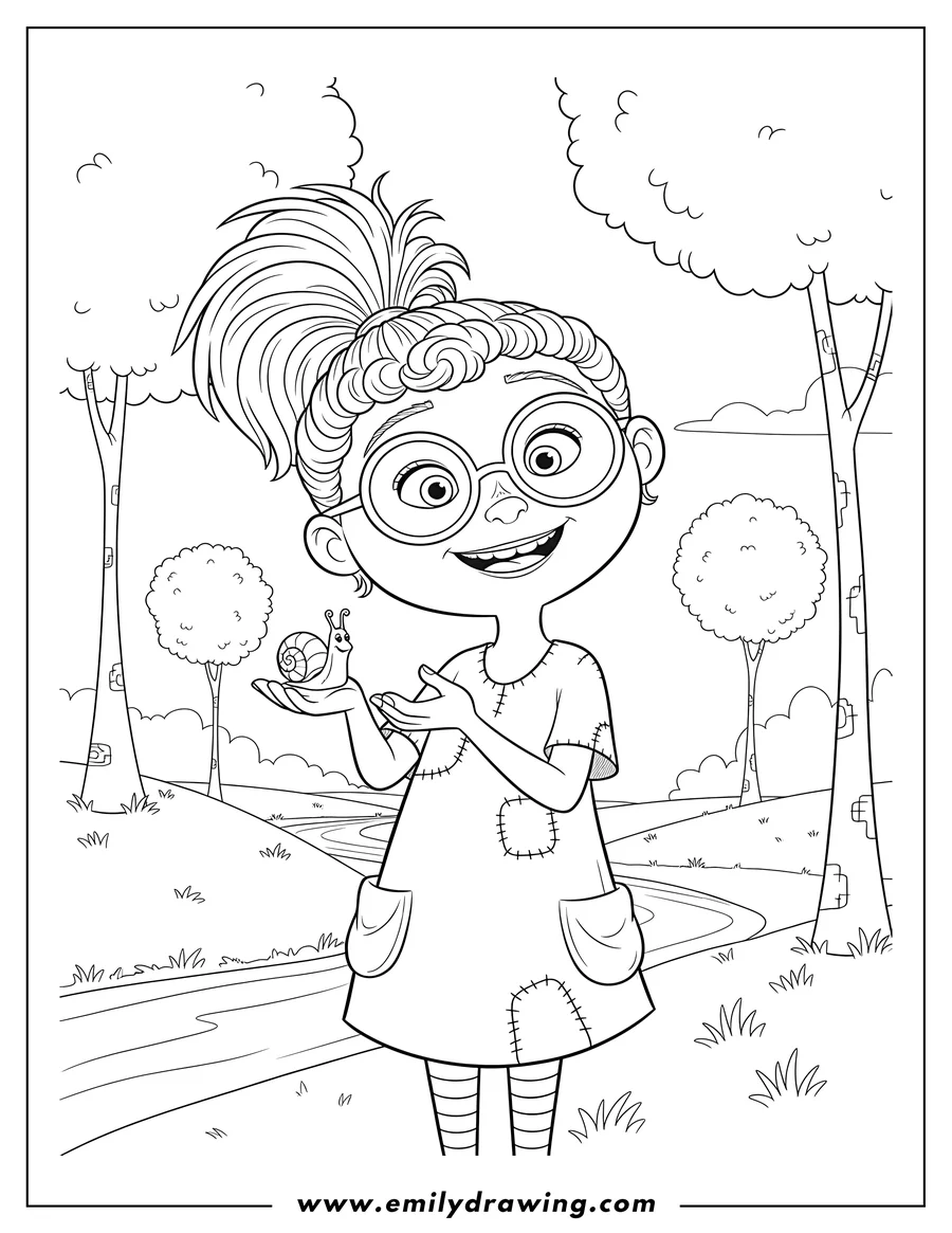 Free printable coloring sheet of lorax Audrey smiling and holding a small snail