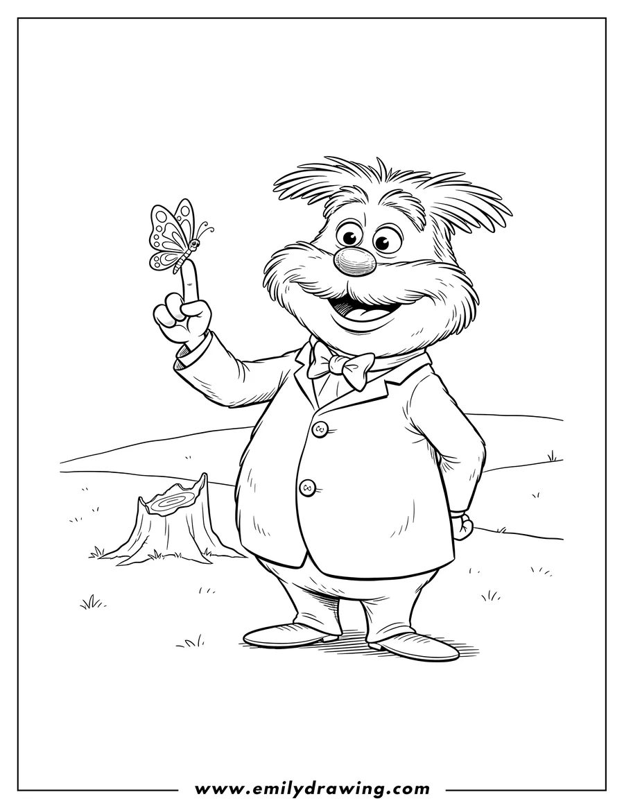 Doodle style coloring picture of cute Lorax standing and smiling, holding a butterfly on his outstretched finger