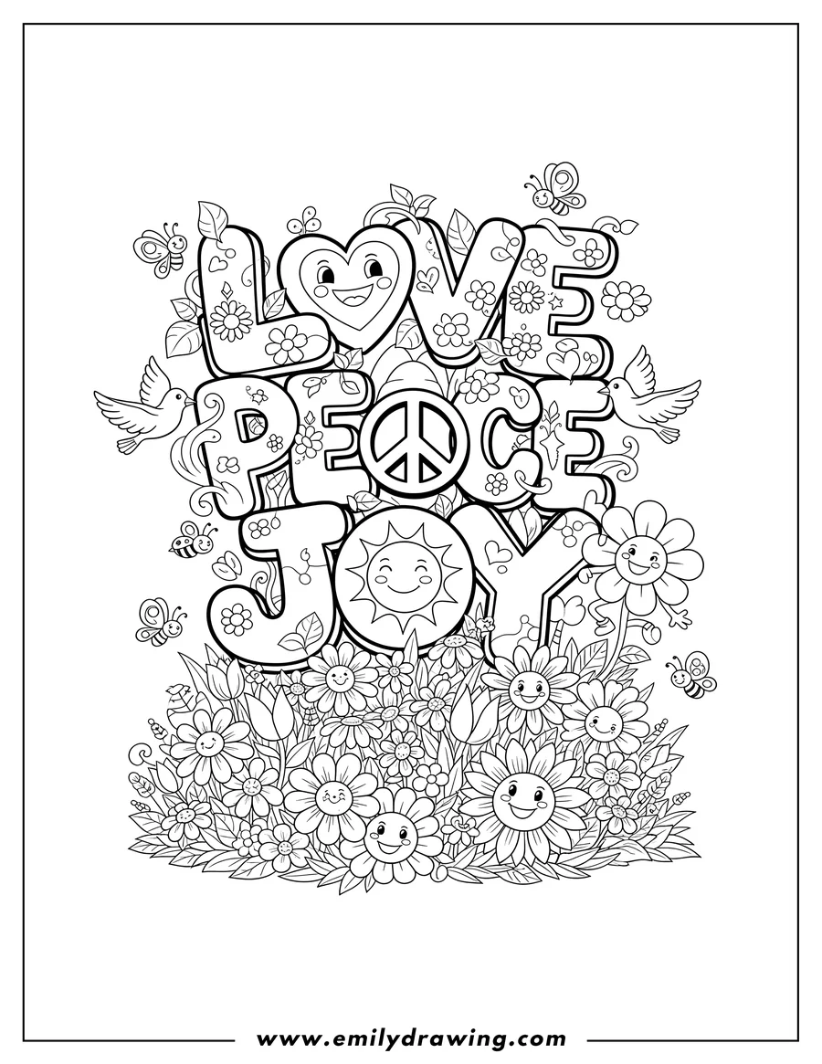 Coloring sheet featuring cute Love Peace Joy Graffiti, stacked with flowers