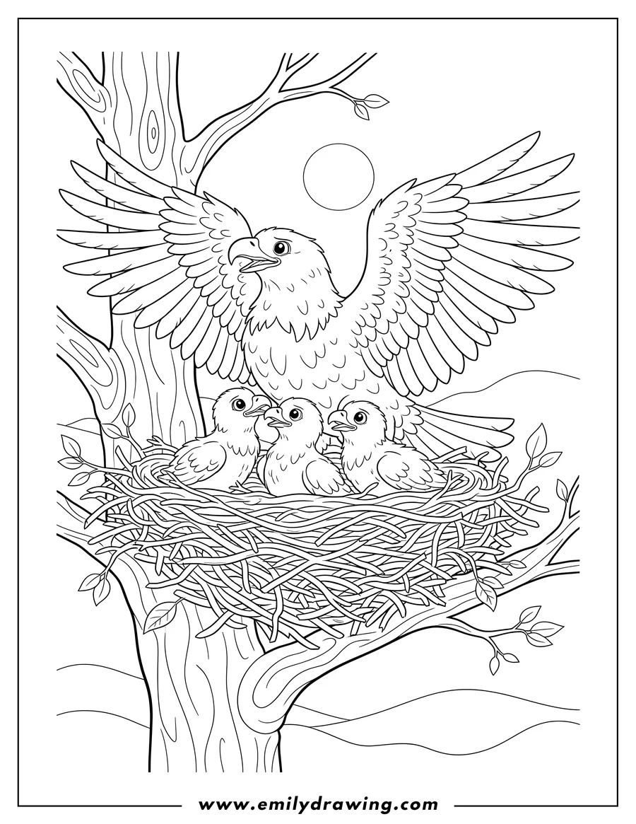Full page coloring image of loving Mother Bald Eagle With Her Three Eaglets in a nest, guarding them