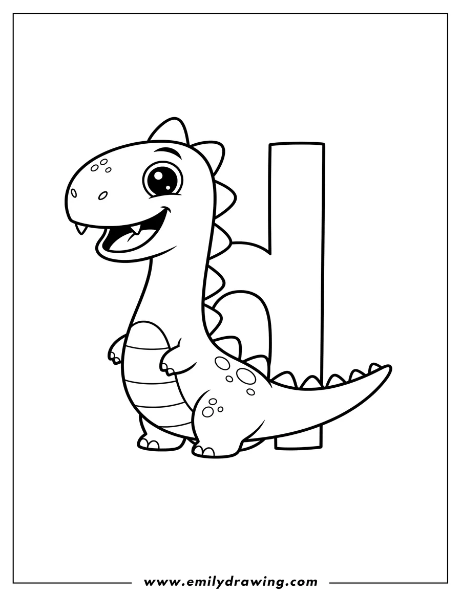 PDF style coloring page: cute lowercase 'd' dinosaur with spikes and a smiling face