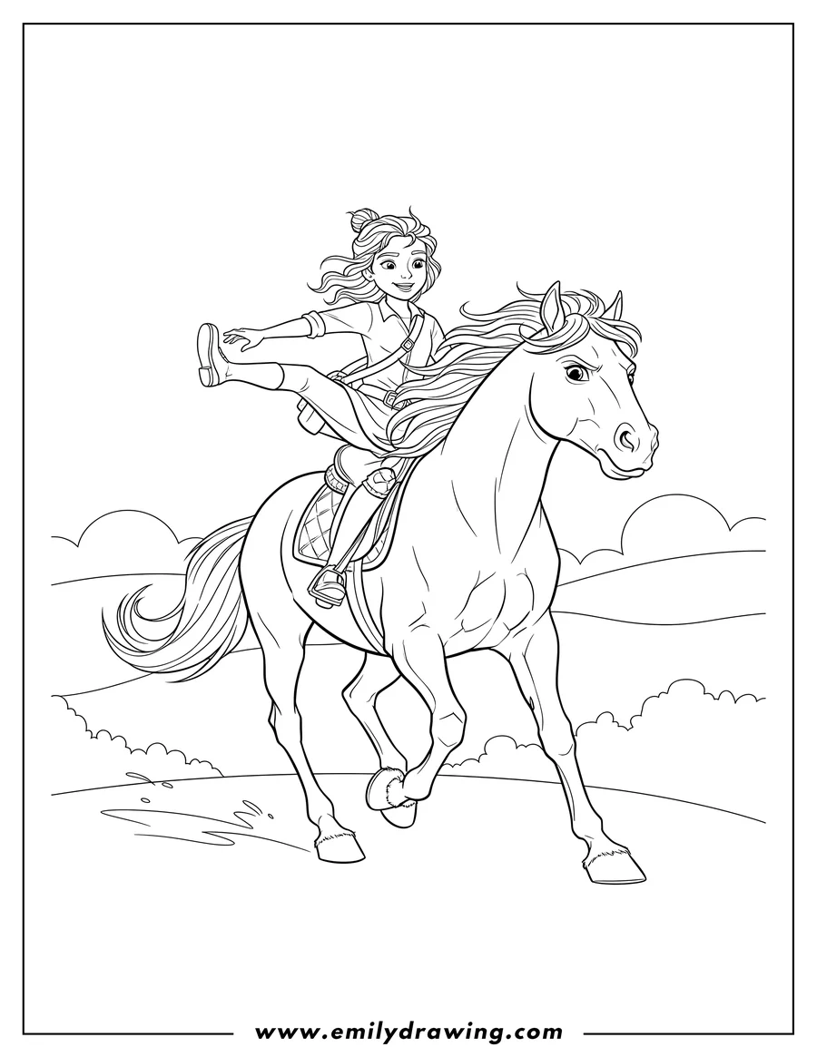 Downloadable coloring page of easy Lucky riding Spirit the horse, wearing a shoulder bag, with one leg lifted