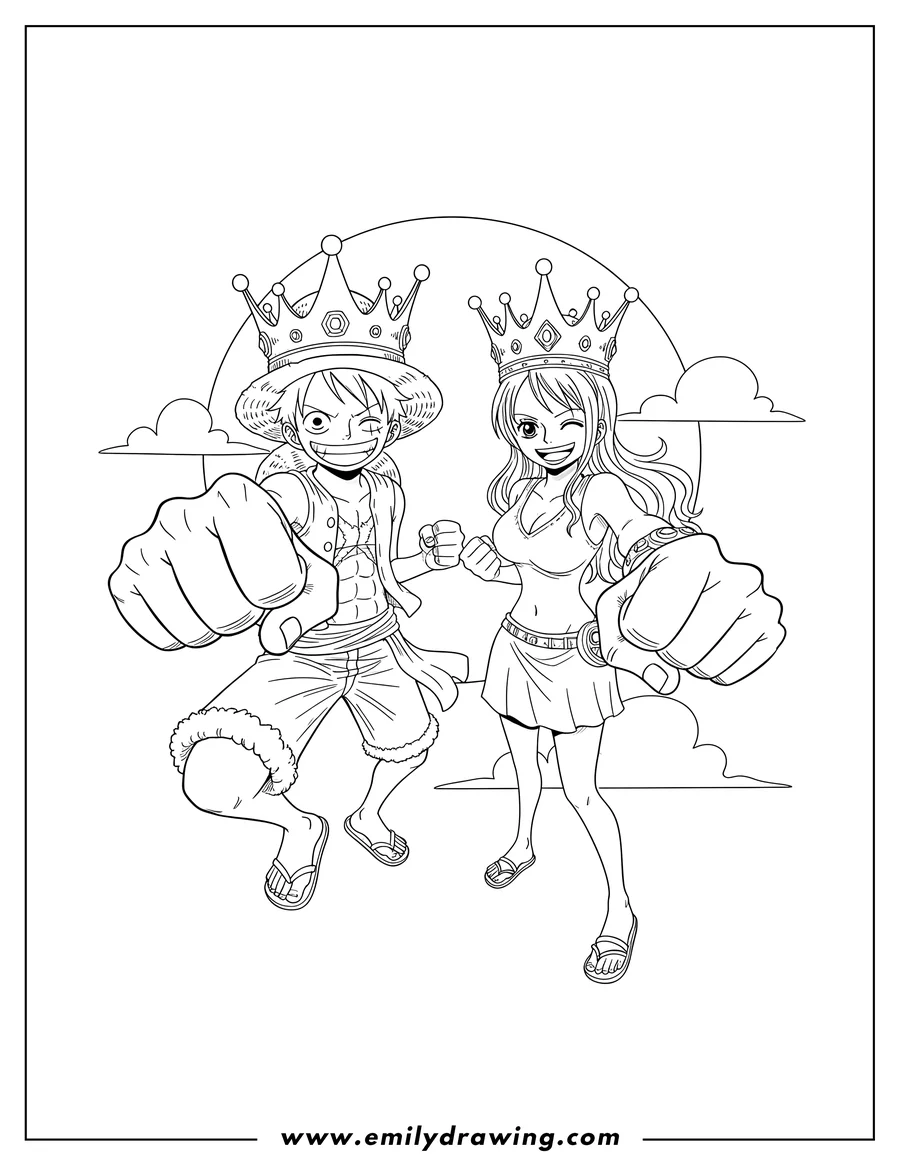 Doodle style coloring picture of luffy And Nami Wearing Crowns, smiling, winking, and reaching out their fists