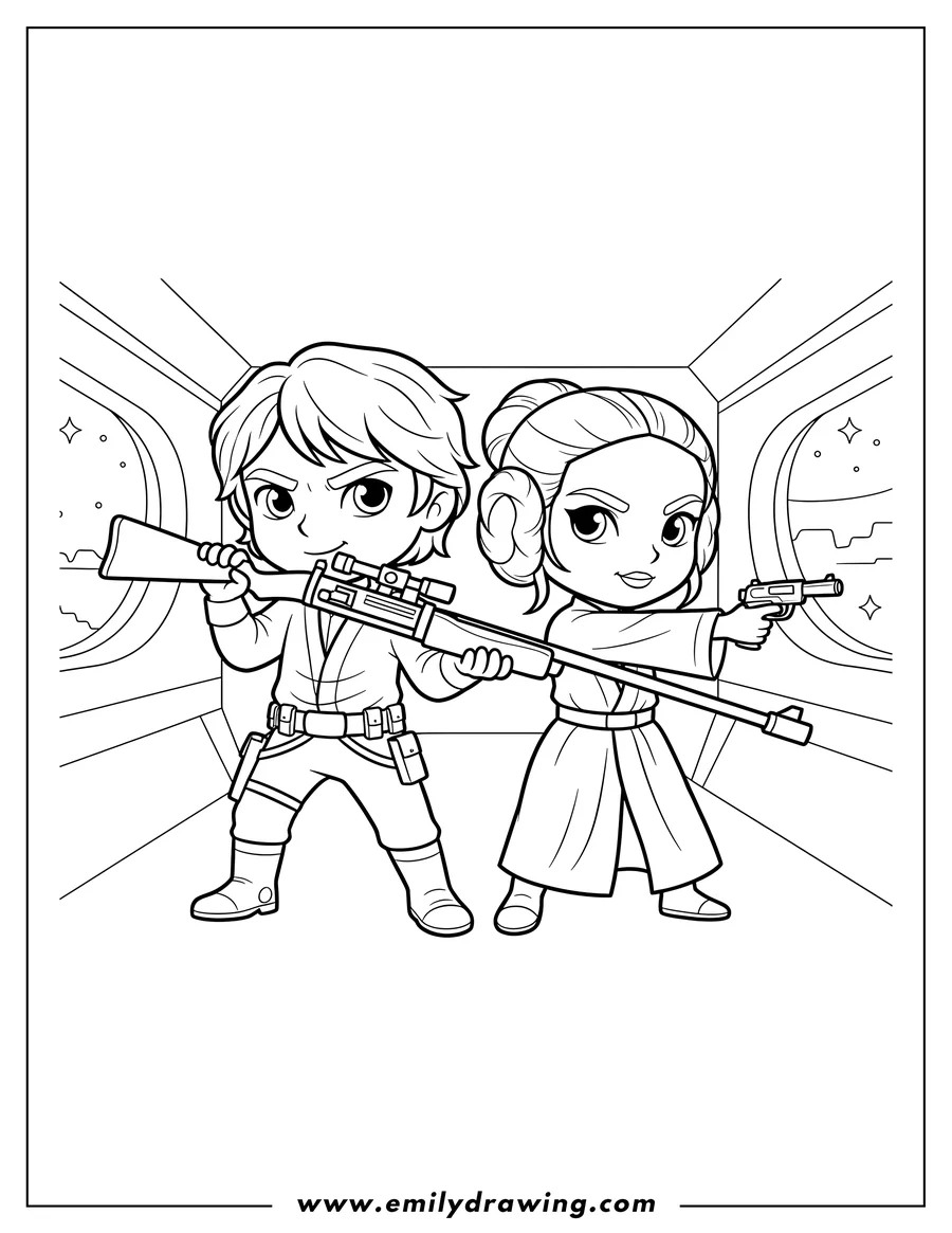 Free to print drawing of cute Luke Skywalker And Leia Organa, with Leia aiming a blaster pistol and both holding a long rifle