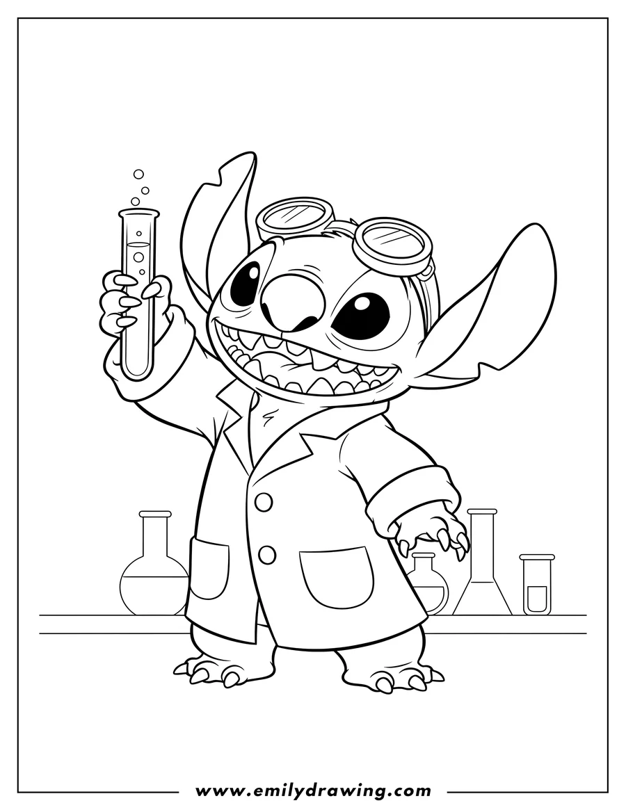 Full page coloring image of mad Scientist Stitch wearing a lab coat, with goggles, holding a test tube, and smiling broadly