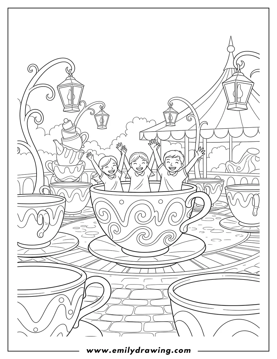 Free printable coloring sheet of mad Tea Party Disneyland Ride, people riding in teacups