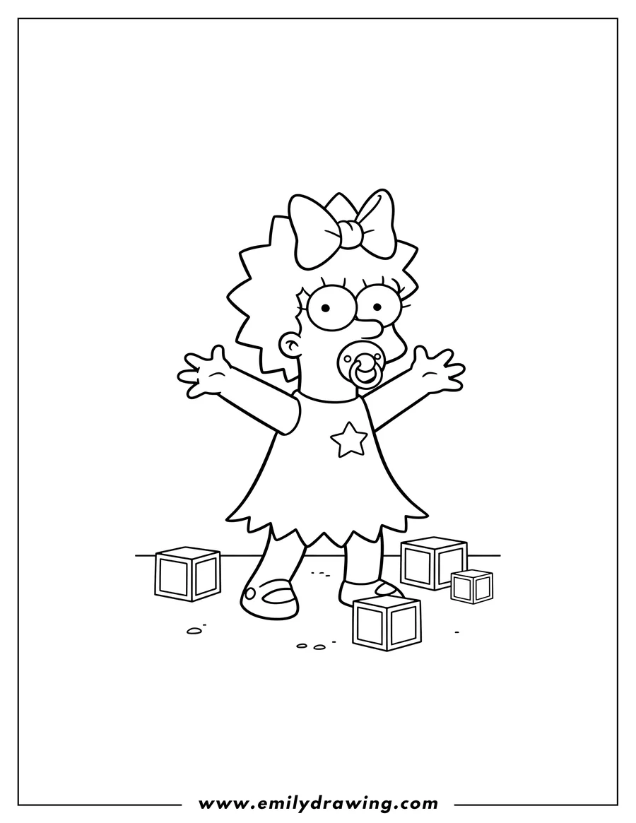 PDF style coloring page: maggie Simpson with a bow and pacifier, arms spread wide