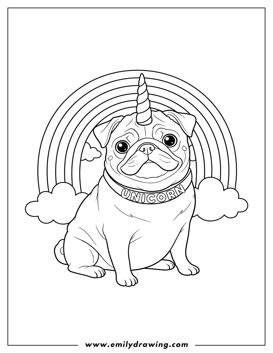 High quality printable magical Pug With Unicorn Horn, sitting and wearing a collar that says 'Unicorn', with a Rainbow Background for coloring