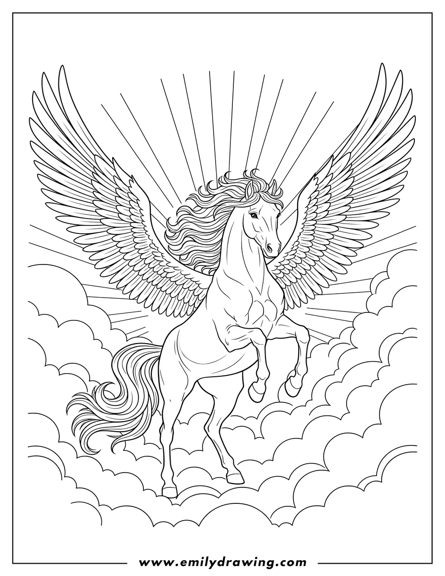 Coloring sheet featuring majestic Pegasus with flowing mane, leaping with spread wings in heavenly skies
