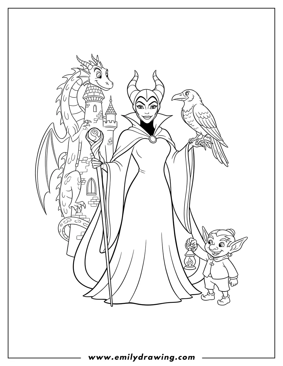 Clean line drawing: maleficent holding her staff and raven, with a dragon climbing Sleeping Beauty Tower, and a goblin friend